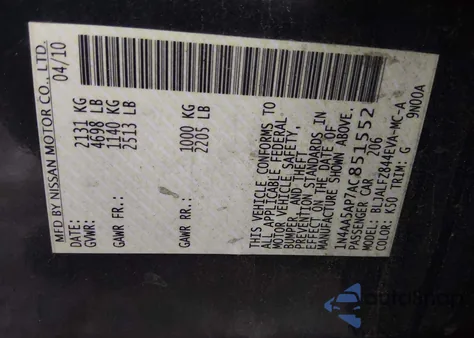 2010 Nissan Maxima 3.5 Sv z USA, uszkodzony, nr VIN 1N4AA5AP7AC851552